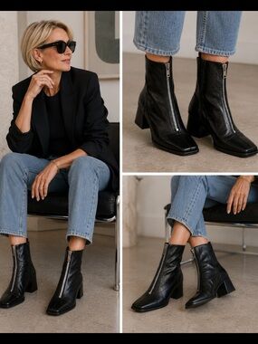 L'INTERVALLE Black Front-Zip Square-Toe Leather Ankle Booties